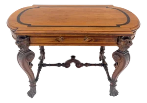 Carved Lion Face & Foot Legs Renaissance Revival Inlaid Walnut Center Table MINT