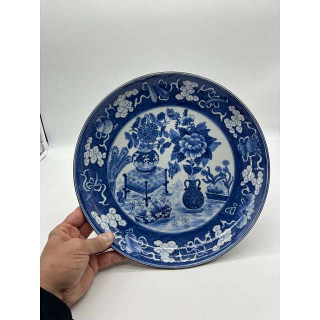 Vintage Chinese Porcelain Blue Decorated Charger With a Brass Rim, Circa 1930's For Sale - Image 4 of 11