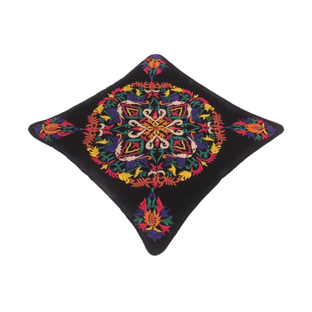 Abstract Boho Chic Hand Embroidered Royal Blue Velvet Pillow For Sale - Image 3 of 8