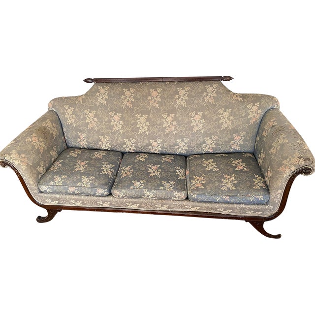 20th Century Duncan Phyfe Brocade Green Upholstered Sofa For Sale