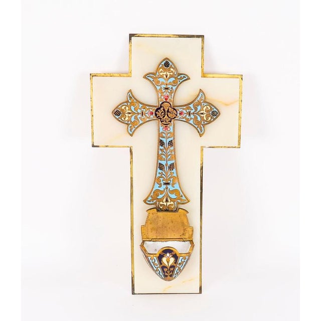 This is a beautiful good size French alabaster and champlevé enamel wall hanging holy-water font, Circa 1820 in date. The...