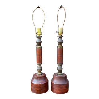 Mid-Century Turned Wood & Brass Table Lamps - a Pair For Sale