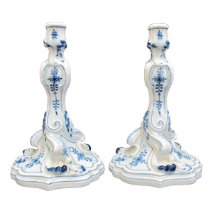 Vintage Meissen Porcelain Blue Onion 10" Candlestick Candle Holder Pair