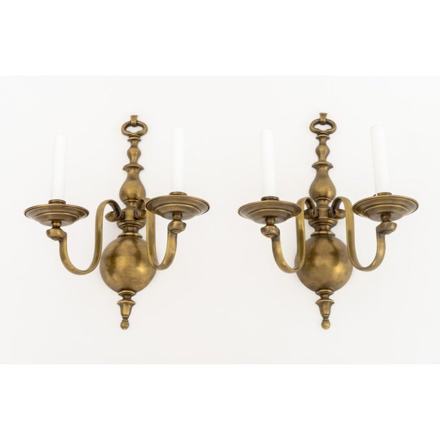 Dutch Style Bronze Three-Branch Wall Sconces - Pair For Sale In New York - Image 6 of 9