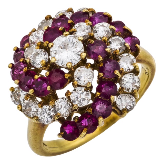 Vintage Ruby Diamond 14k Yellow Gold Cocktail Ring, Size 6.5 For Sale
