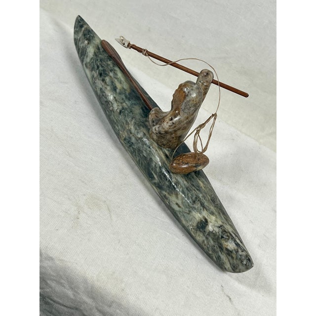 Vintage Alaskan Inuit Style Soapstone Kayak Hunter Sculpture by Chuck Poupart For Sale - Image 4 of 7