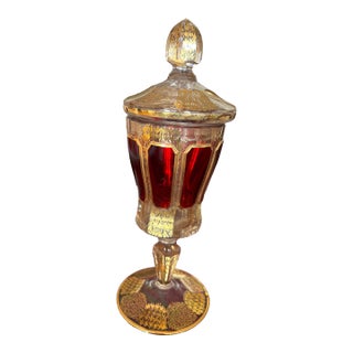 1950’s Bohemian Ruby Flash Pedestal Compote With Lid - Highly Collectible Vintage Art Glass For Sale