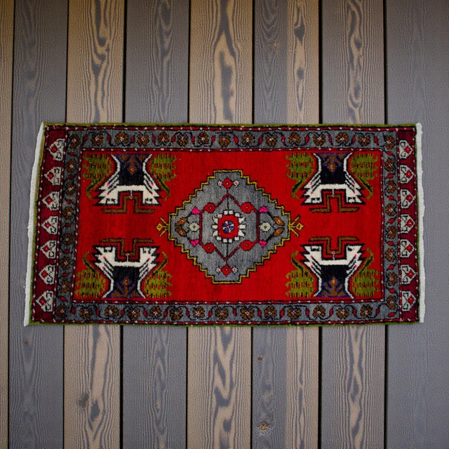 Rustic 1970s Hand Knotted Turkish Small Rug Decorative Mat for Bathroom - Kitchen and Entryway - 20'' X 39'' For Sale - Image 3 of 14