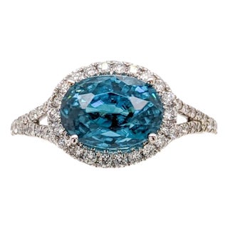 4ct Blue Zircon Ring W Natural Diamond Halo in Solid 14k White Gold Oval Size 6.75 For Sale