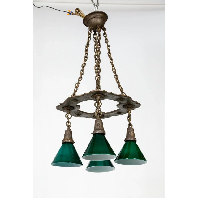Arts & Crafts Hammered Darkened Metal Chandelier With Green Glass Shades For Sale - Image 12 of 12
