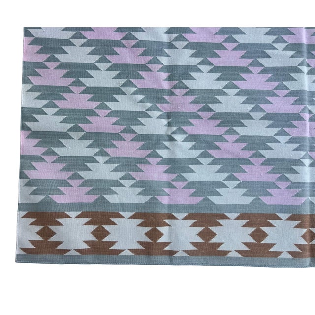 Handmade Cotton Area Rug, Vegetable Dyed, Gray, Pink, Cream and Tan Geometric Dhurrie -6'x12' For Sale - Image 11 of 13