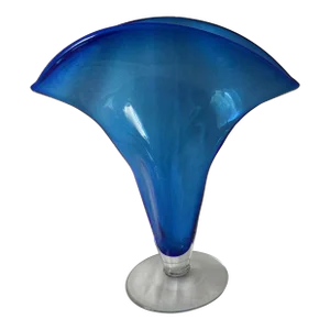 Vintage Blenko Handblown Sapphire Blue Fan Art Glass Vase, Model #872