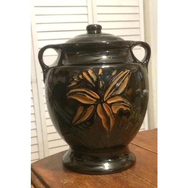 Arts & Crafts Orange Day Lily, Black Large Art Nouveau Arts & Crafts Sculptural Urn W/ Lid For Sale - Image 3 of 11
