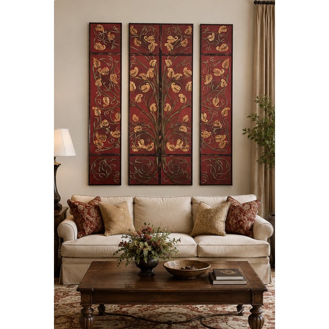 Oversized Burgundy Gold Tree of Life Wood Wall Art – 3-Piece Sculpture Decor For Sale - Image 4 of 4