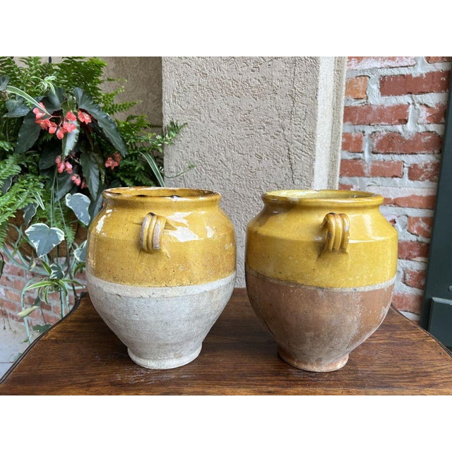 19th Century Pair Antique Provincial French Yellow Glazed Pottery Confit Pot Urn Vase Vessel For Sale - Image 5 of 13
