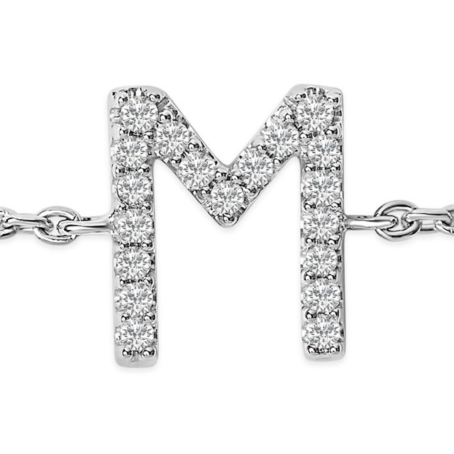Contemporary 10K White Gold Diamond Accent "M" Initial Charm and Link Bracelet For Sale - Image 3 of 6