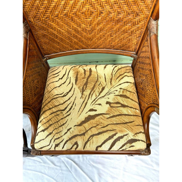 Wood Vintage Bamboo & Rattan Arm Chairs – Pair of Wicker Dining or Accent Chairs With Upholstered Seats For Sale - Image 7 of 12