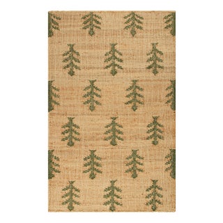Rug & Kilim's Block Print Flatweave Rug in Beige with Green Floral Patterns - 13x19 For Sale