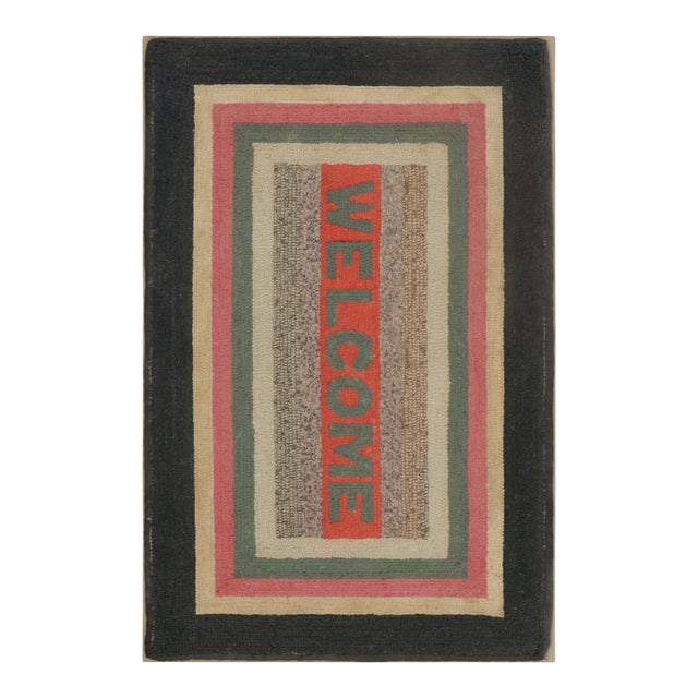 Antique Gift-Sized Hooked Welcome Rug With Polychromatic Borders - Rug & Kilim For Sale
