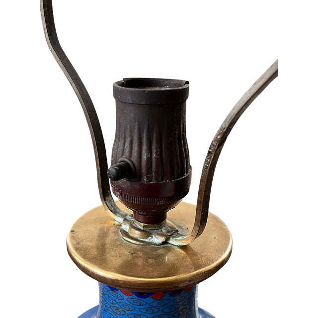 Antique 19th Century Chinese Cloisonné Vase Lamp With Cherry Blossoms & Swallows on Cobalt Blue Ground, 18" For Sale - Image 11 of 15