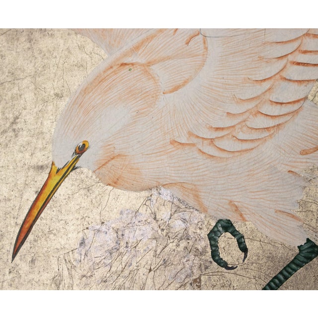 C. 1970s Japanese Style Screen "Egrets" on Silver Background For Sale - Image 13 of 18