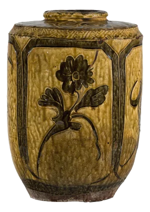 Vintage Mustard Brown Glazed Ceramic Vase with Incised Floral and Bird Motifs