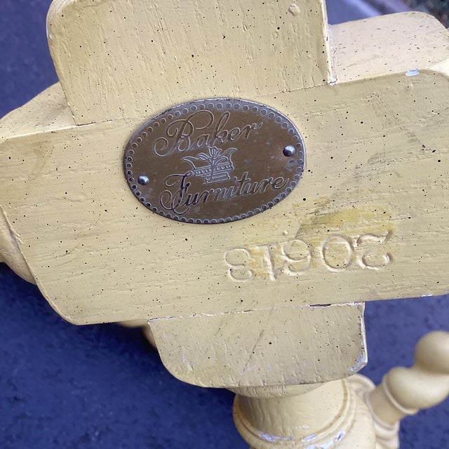 Hollywood Regency Vintage Baker Furniture Scalloped Golden Yellow Coffee Table With Brass and Glass Top – 44“ For Sale - Image 3 of 11