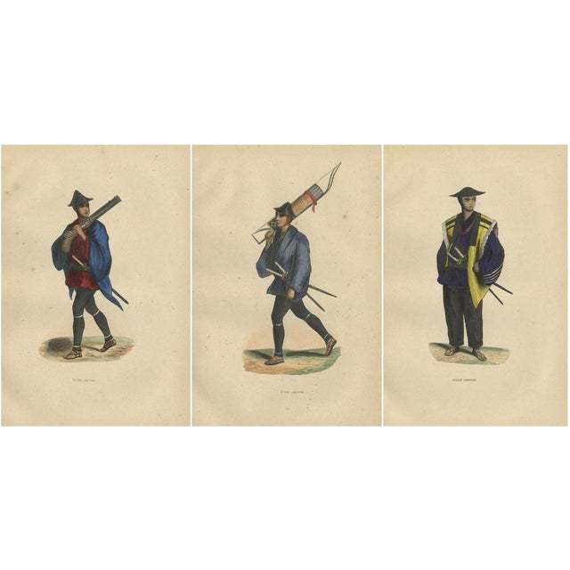 Wahlen, Japanese Soldiers, 1844, Hand-Colored Lithographs, Set of 3 For Sale