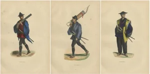 Wahlen, Japanese Soldiers, 1844, Hand-Colored Lithographs, Set of 3