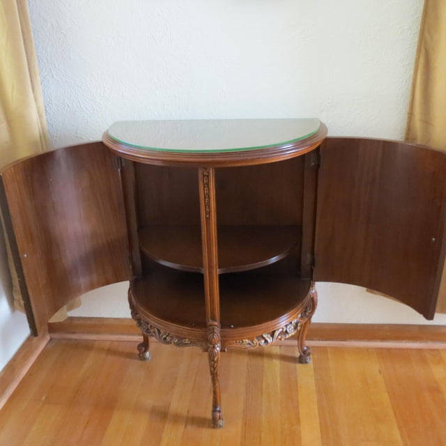 1920s Demi-Lune Commode, Marquetry, Two Doors, Two Shelves, Glass Top For Sale - Image 11 of 12