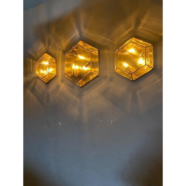 Vintage Hexagonal Facet Cut Glass and Brass Wall or Ceiling Lamps, 1960, Set of 3 For Sale - Image 9 of 16