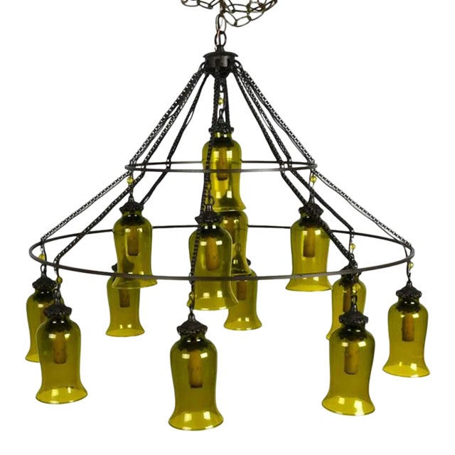 Spanish Revival Wrought Iron & Olive Green Glass 10-Light Chandelier, Circa 1960s For Sale
