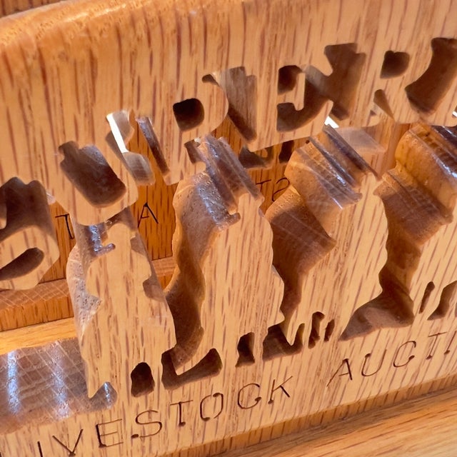 American Vintage Western "Superior Livestock Auction" Texas Cowboys Horses Ranching Silhouette Laser Cut Solid Oak Napkin Holder For Sale - Image 3 of 7