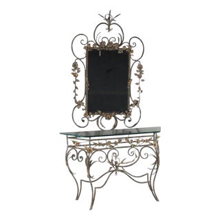Vintage LaBarge Glass , Silver & Gilt Metal Floral & Foliage Pier Table & Mirror For Sale