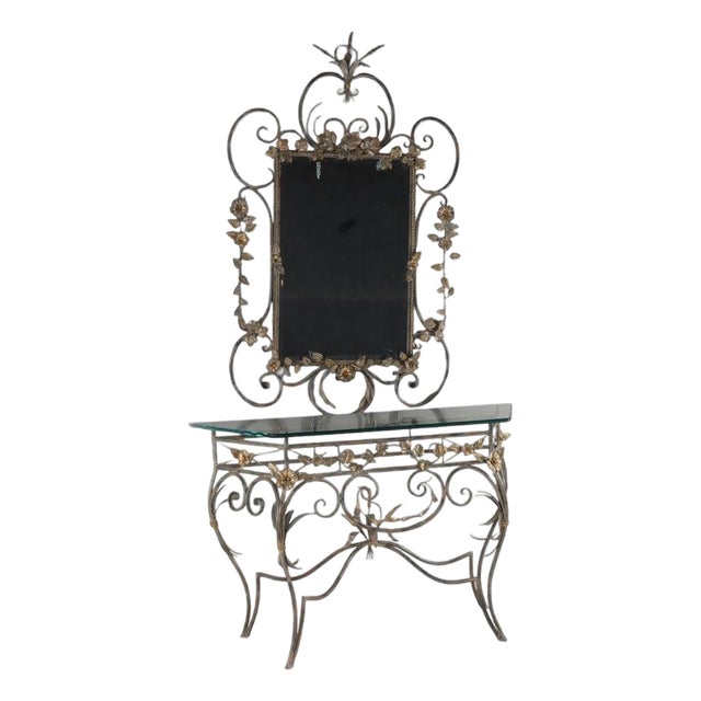 Vintage LaBarge Glass , Silver & Gilt Metal Floral & Foliage Pier Table & Mirror For Sale