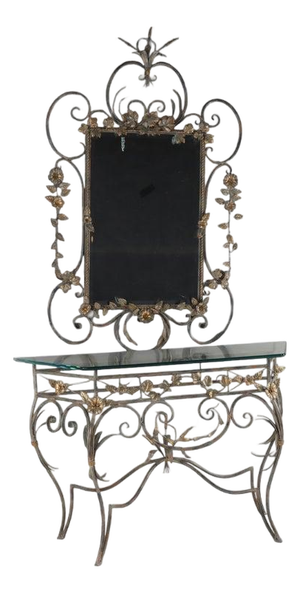 Vintage LaBarge Glass , Silver & Gilt Metal Floral & Foliage Pier Table & Mirror