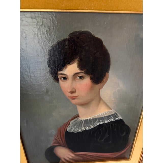 Black 19th Century Granduer Antique Portrait Oil Paint on Canvas Classic Lady For Sale - Image 8 of 11