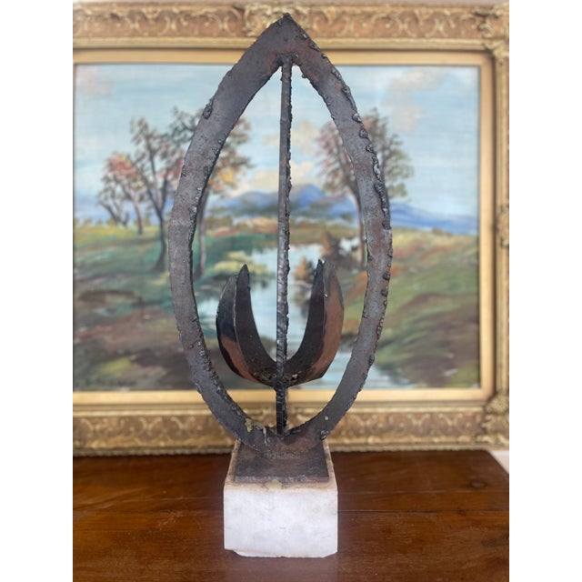 Abstract Brutalist Possibly Welded Steel Abstract Sculpture Candle Holder on Likely White Marble Base, 1960s Modernist Art Object. For Sale - Image 3 of 8