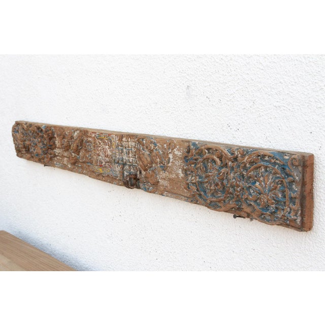 Wood Rare Blue Polychrome Carved Indian Lintel For Sale - Image 7 of 9