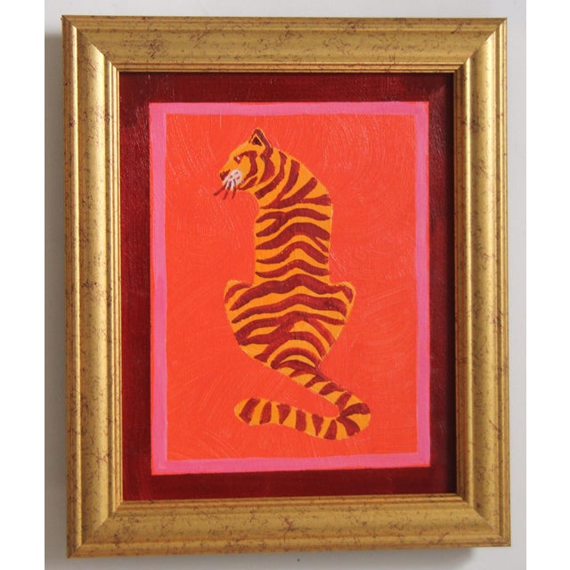 A tiger in orange, burgundy, raspberry pink, yellow-orange. with a double border. Abstract, Minimalism, Folk Art, Pop Art,...