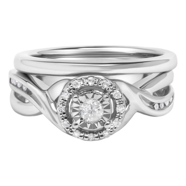 .925 Sterling Silver 1/7 Cttw Diamond Halo Bypass Engagement Ring and Wedding Band Set (I-J Color, I3 Clarity) - Size 8 For Sale