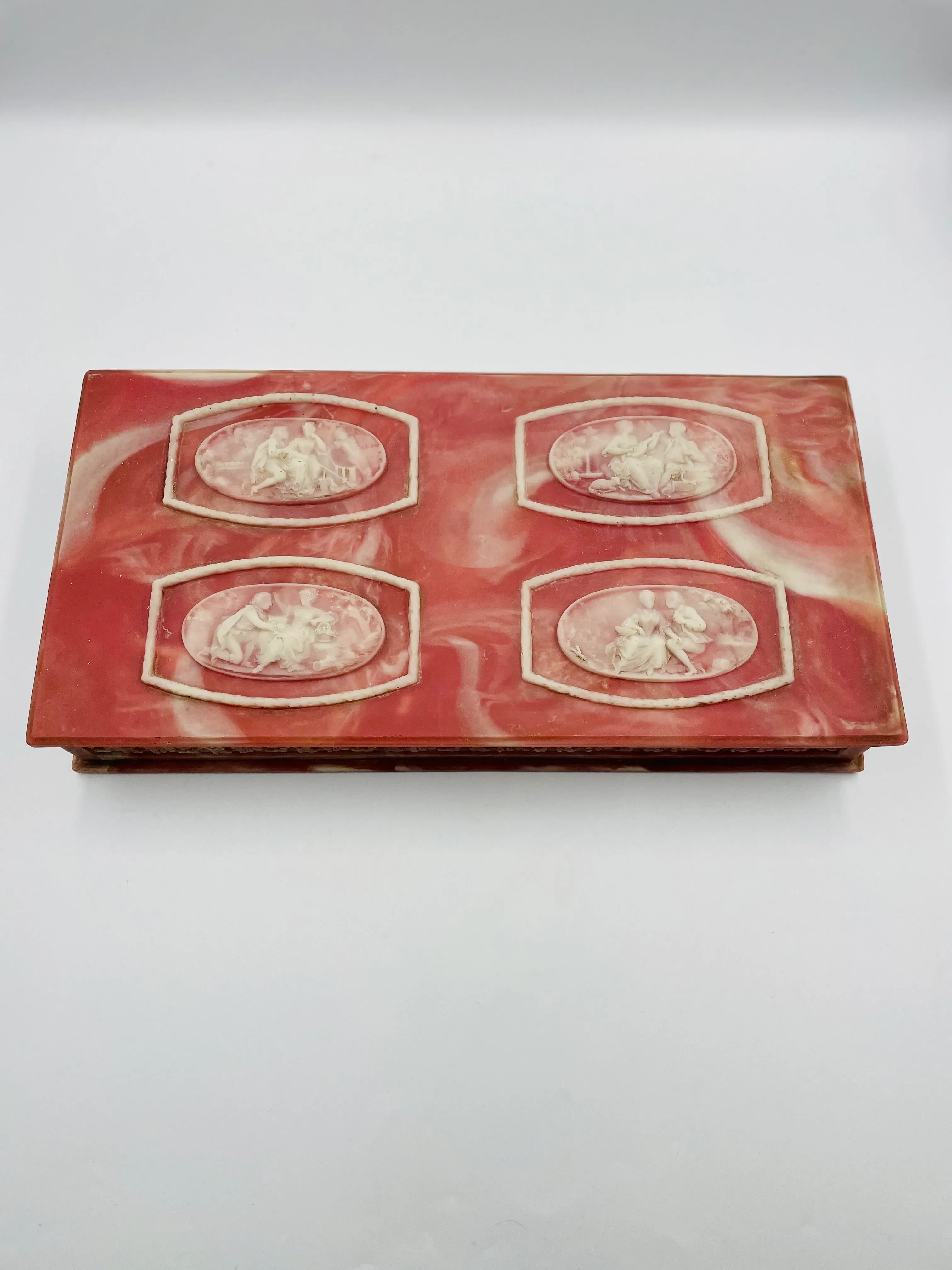 Mid 20th Century Incolay Stone Jewelry Box “Cameo” in Dark Rose