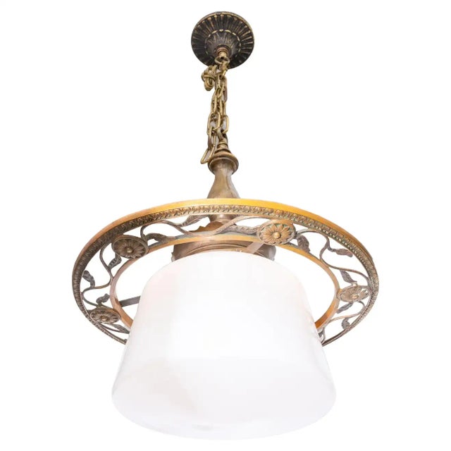 Antique Arts and Crafts Schoolhouse Bronze Fixture With Milk Glass Shade For Sale In Philadelphia - Image 6 of 6