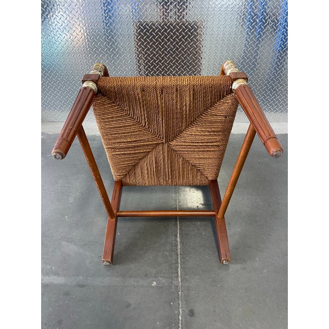 Vintage Rush Seat Armchair With Bent Rattan Arms, Campaign / Neoclassical Accent Chair in the Style of Donghia For Sale - Image 9 of 10