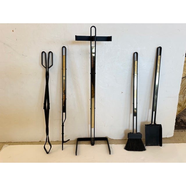 Midcentury Modern Iron and Brass Fireplace Tool Set -Set of 4 For Sale - Image 4 of 12