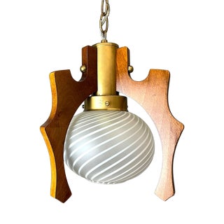 Scandinavian Style Wood and Striped Glass Hanging Lamp, 1970s For Sale
