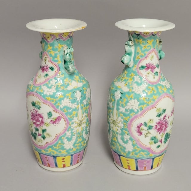 Late 19th Century Pair of Chinese Famille Rose Porcelain Vases With Peony Medallions, Circa 1900 For Sale - Image 5 of 10