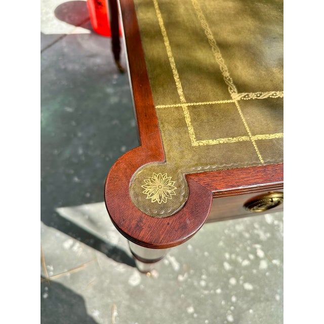 Vintage Baker Furniture Mahogany & Tooled Leather Partner's Writing Desk – "Crown & Tulip" Era For Sale - Image 11 of 12