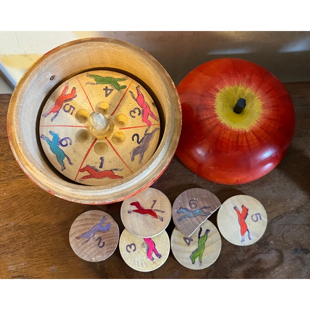 Antique Early 20th Century Paint Decorated Carved Wood Apple Box Containing Steeplechase Horse Race Game For Sale - Image 11 of 13