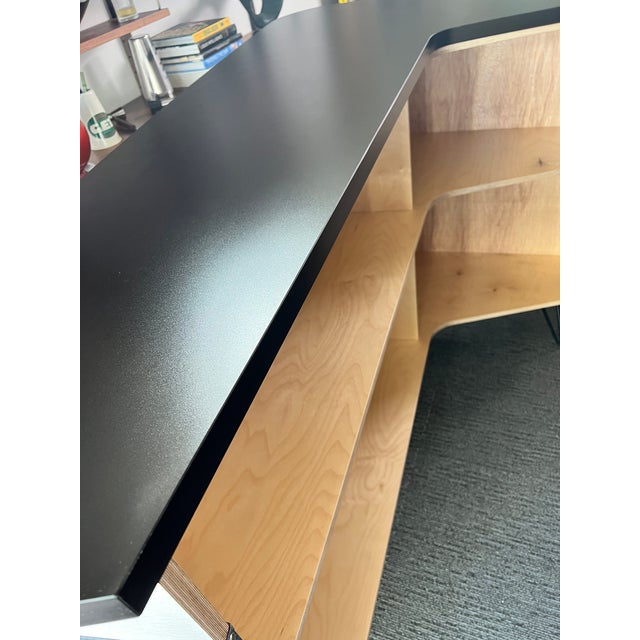 Black Free Standing Large Boomerang Shaped Home Bar With Brushed Metal Accent For Sale - Image 8 of 10